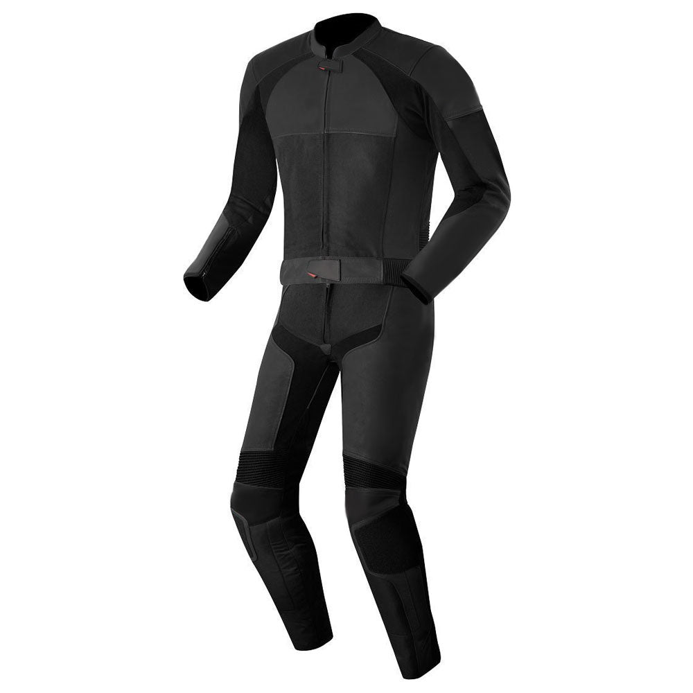 Lush Gear black leather motorcycle riding suit with full-body protection and zippered front