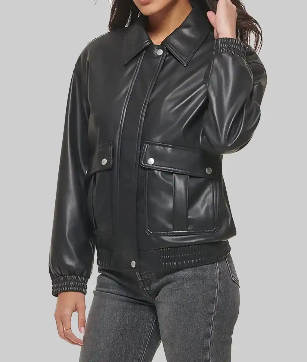 Lush Gear black leather varsity jacket for women with snap buttons and front pockets