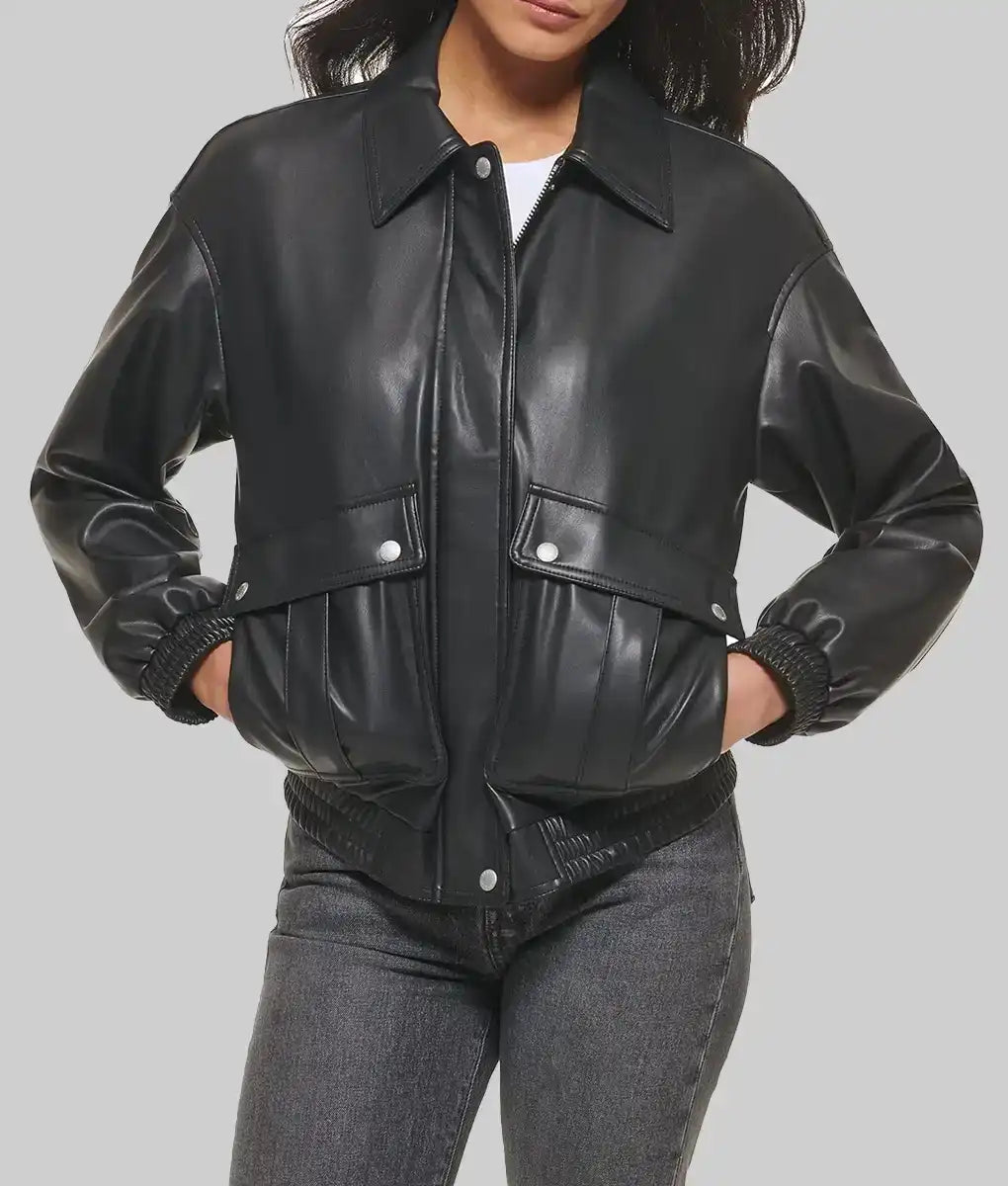 Lush Gear black leather varsity jacket for women with snap pockets and elastic cuffs