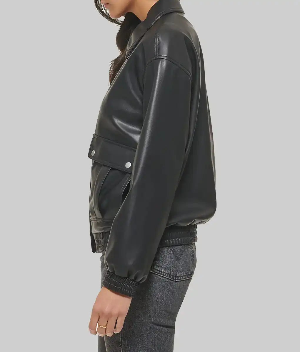 Lush Gear black leather varsity jacket for women with snap button pockets and ribbed cuffs