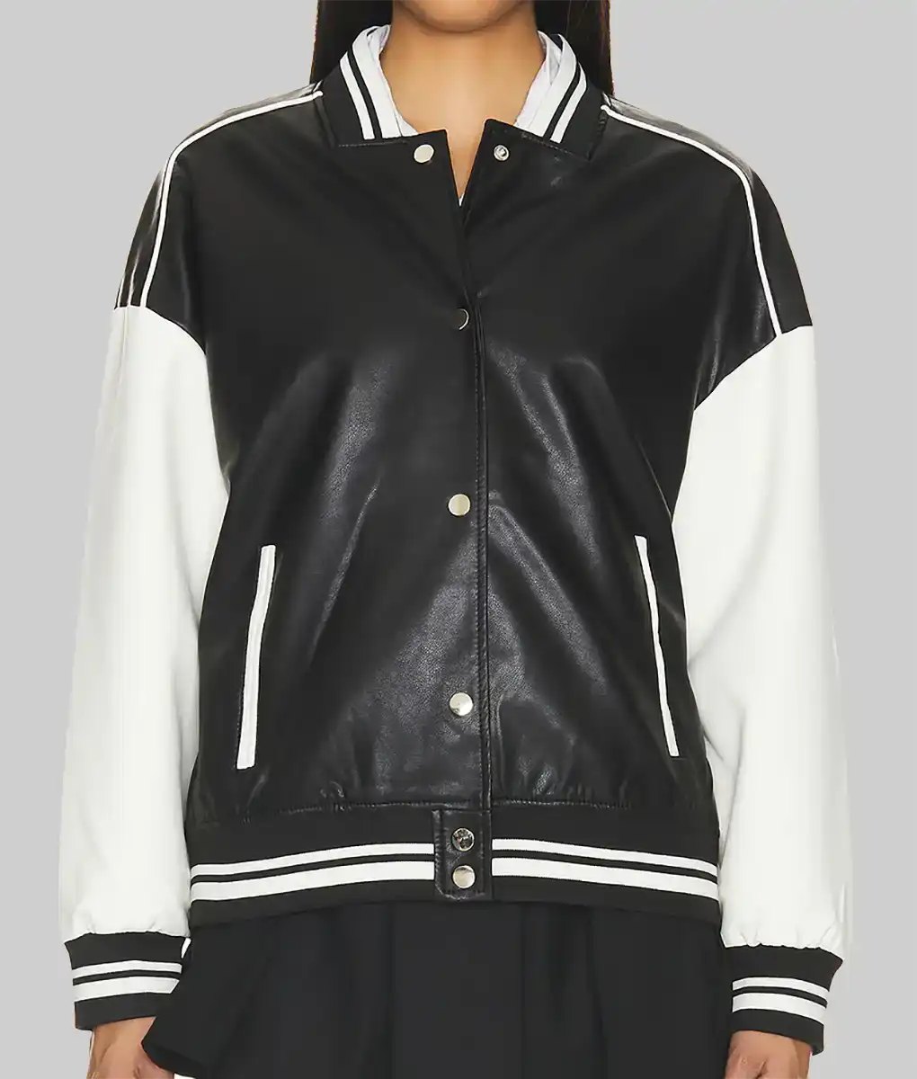 Lush Gear black and white leather varsity jacket for women with striped ribbed collar and cuffs