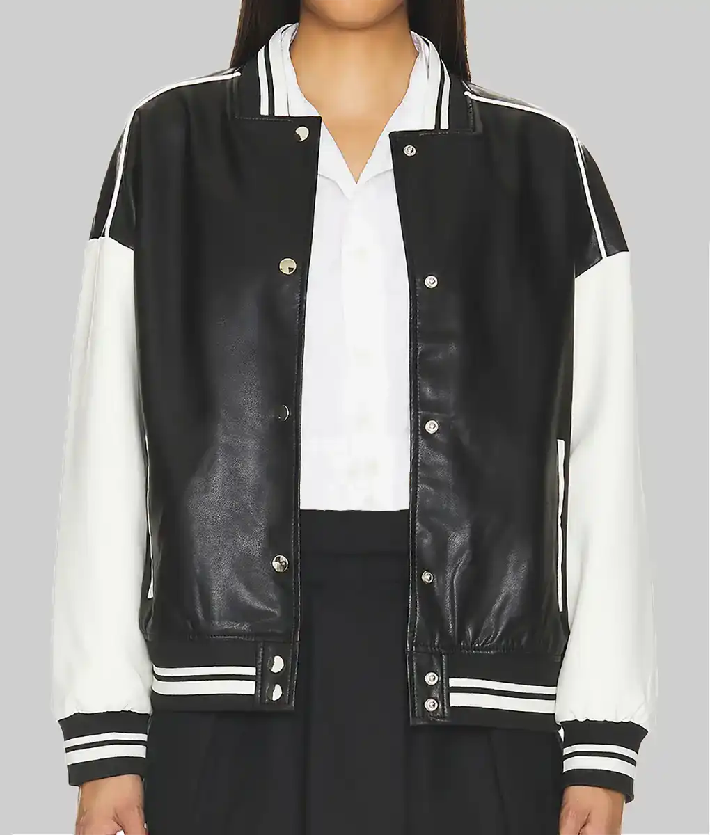 Black and white leather varsity jacket for women by Lush Gear with button closure and striped cuffs
