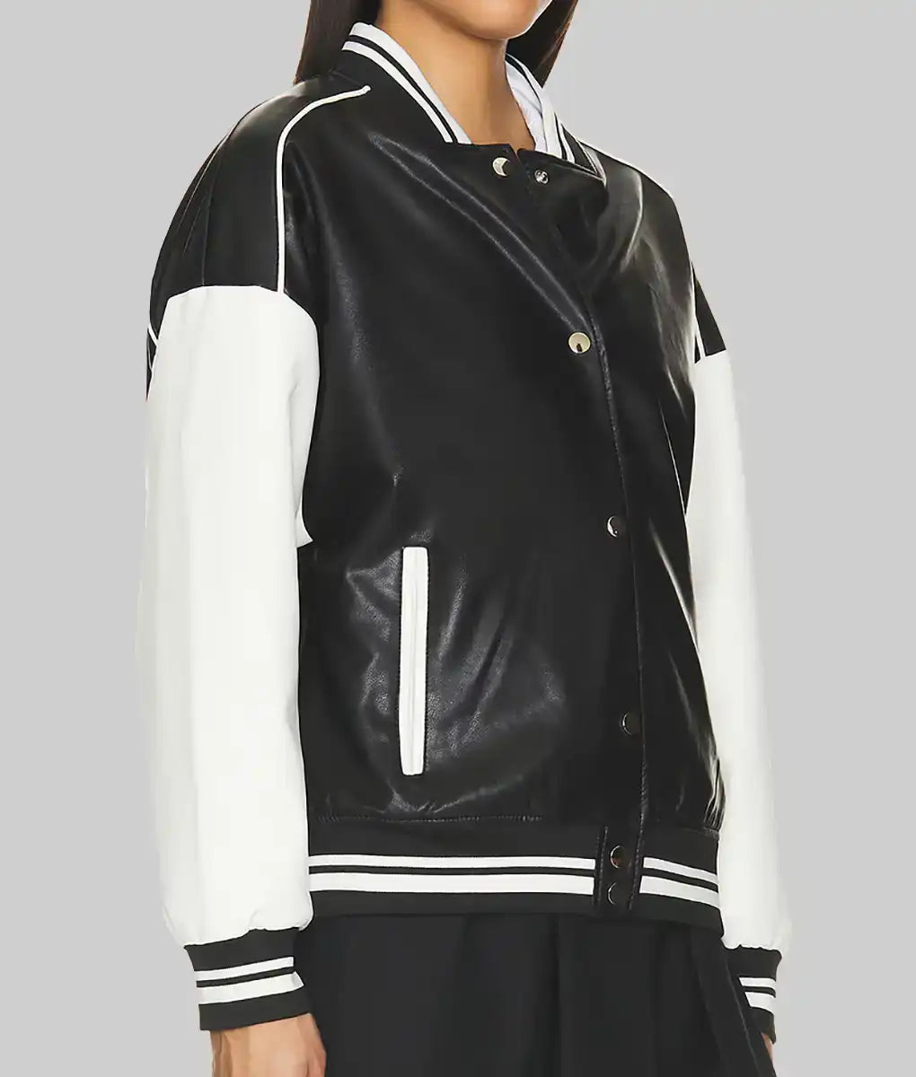 Lush Wear black and white leather varsity jacket for women with striped collar and cuffs