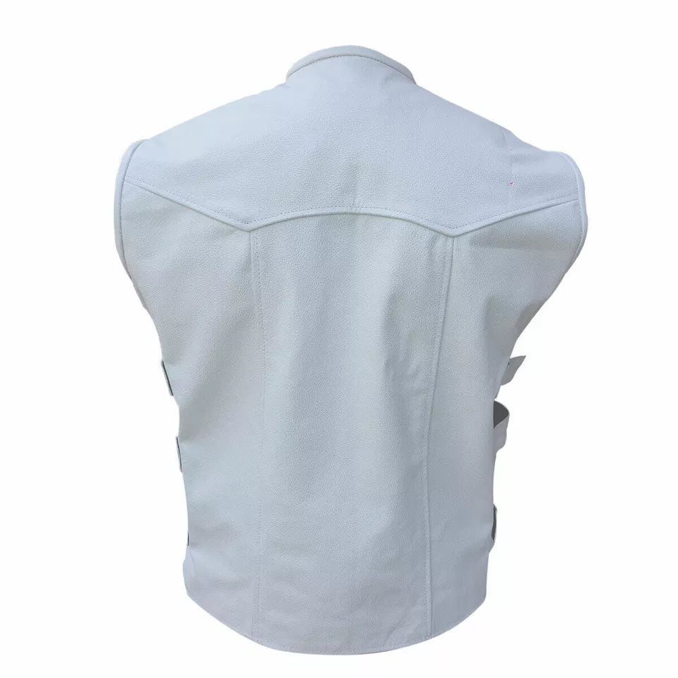 Back view of Leather Vest for Men White Vest for Motorcycle Club Wear Waistcoat by Lush Wear