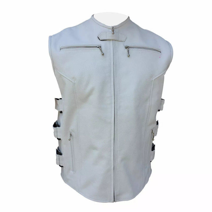 Leather Vest for Men White Vest for Motorcycle Club Wear Waistcoat with zippered pockets and adjustable side straps