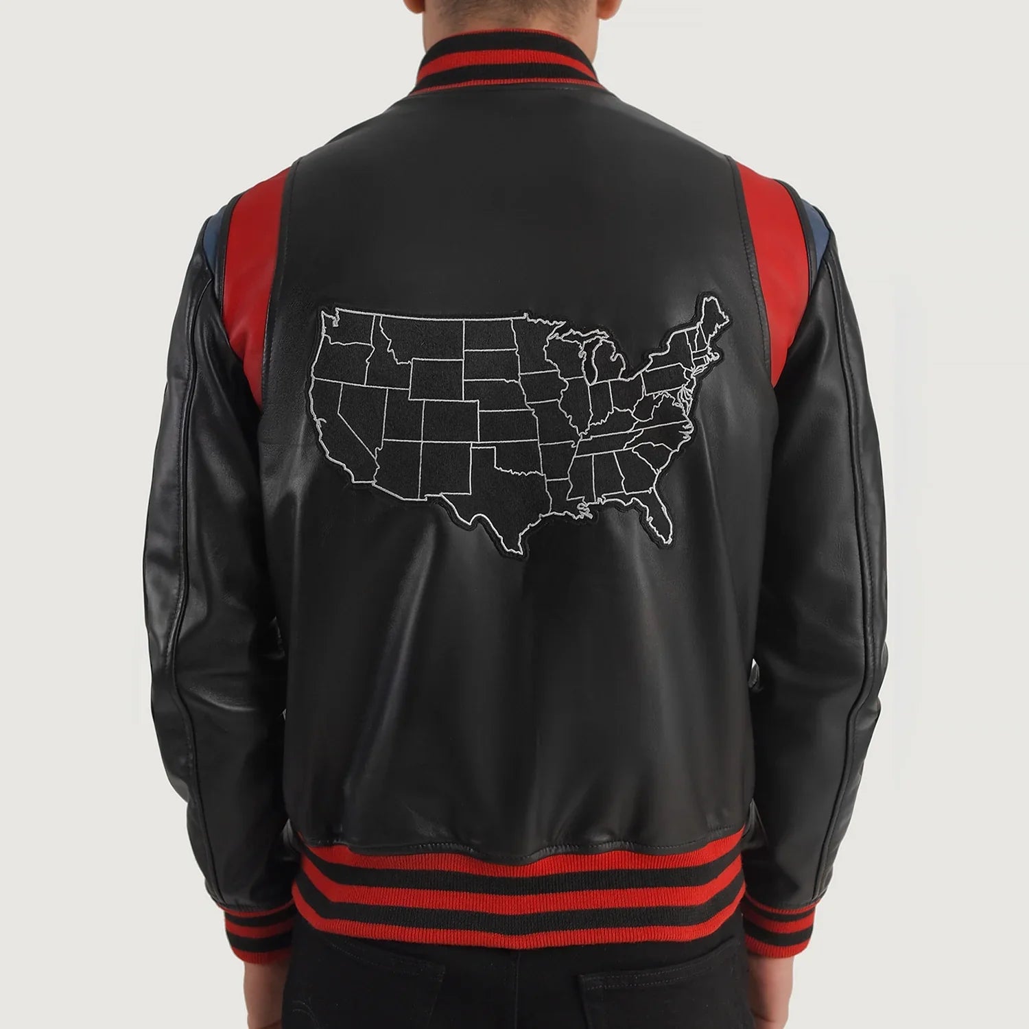 Back view of Liberte USA letterman jacket by Lush Gear in black with red stripes and USA map embroidery