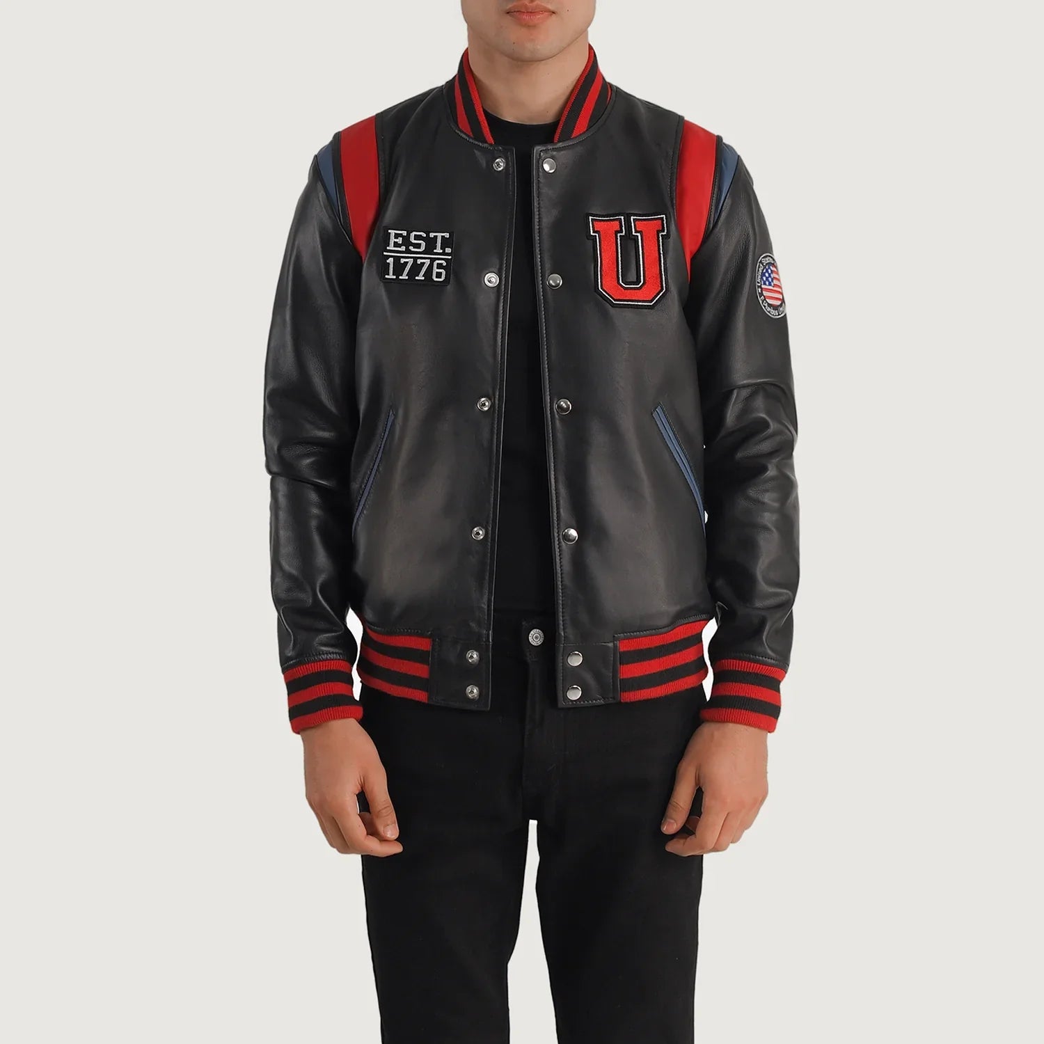 Liberte USA letterman jacket by Lush Gear in black leather with red stripes and USA patch on sleeve