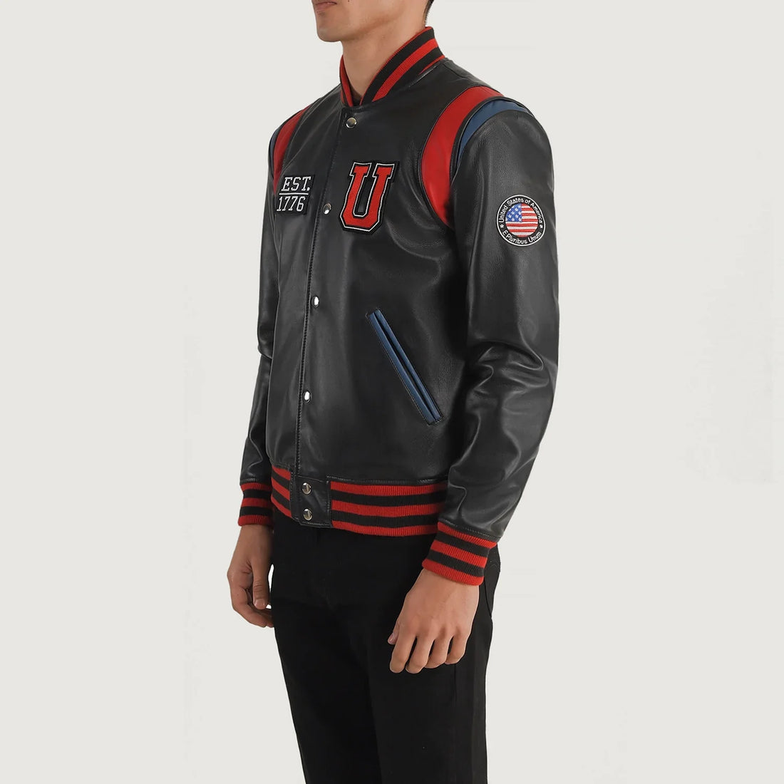 Lush Gear Liberte USA letterman jacket black leather with red and blue accents and USA patch