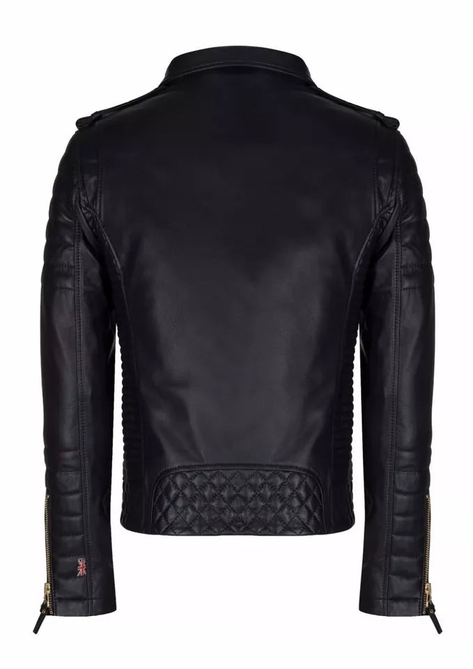 Back view of Lush Gear Men's New Brando Style Leather Genuine Motorcycle Jacket in black with quilted detailing