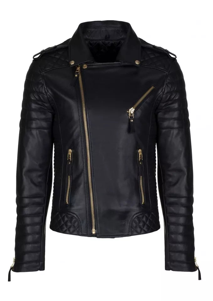 Lush Gear Men's New Brando Style Leather Genuine Motorcycle Jacket in black with asymmetric zipper and quilted sleeves