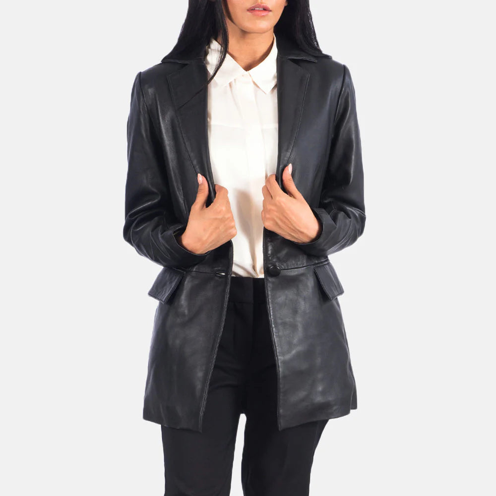 Woman wearing Marilyn Black Leather Blazer by Lush Gear with white shirt and black pants