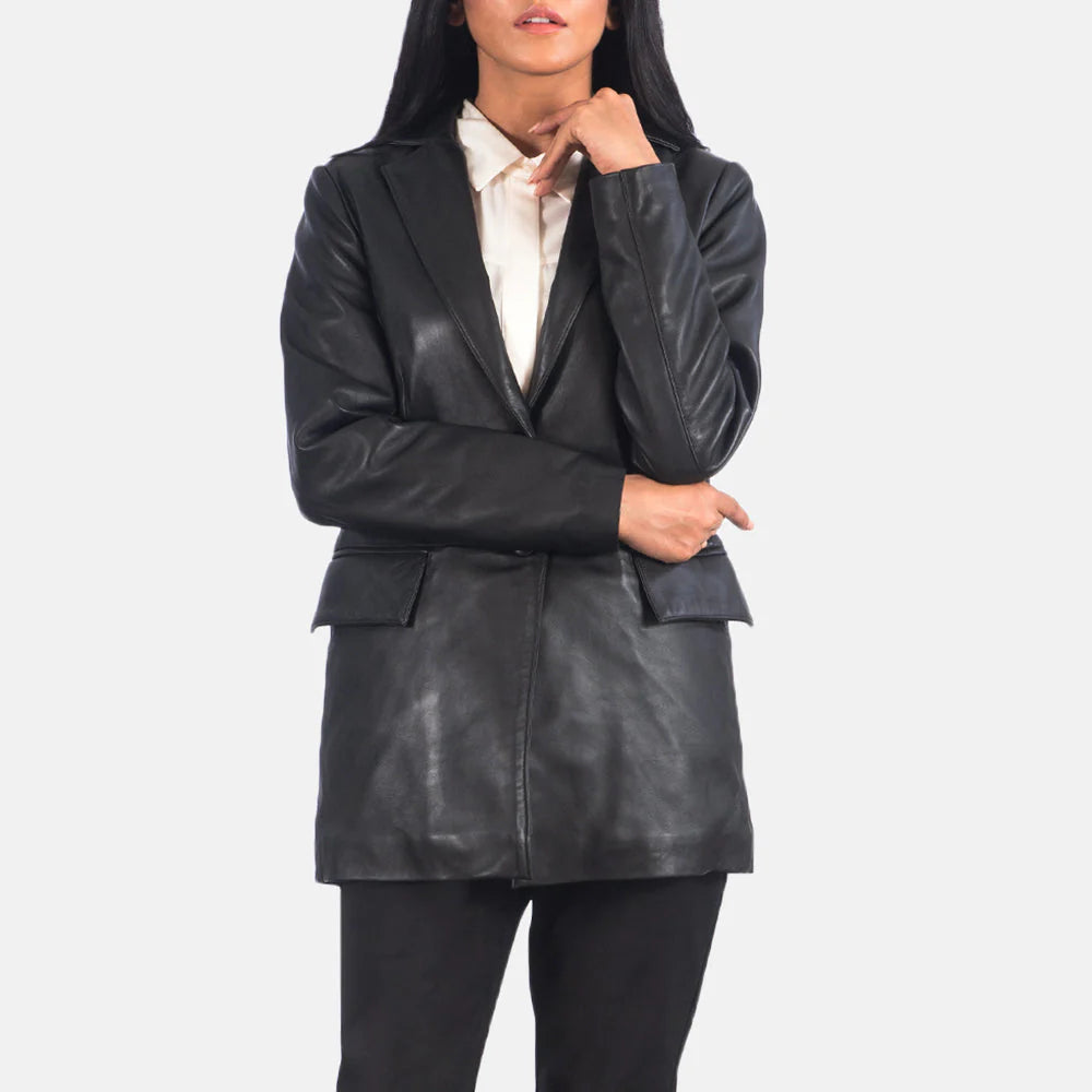 Woman wearing Marilyn Black Leather Blazer by Lush Gear with classic lapel and flap pockets