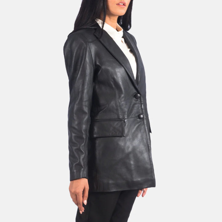 Lush Gear Marilyn Black Leather Blazer with button closure and sleek tailored fit for women