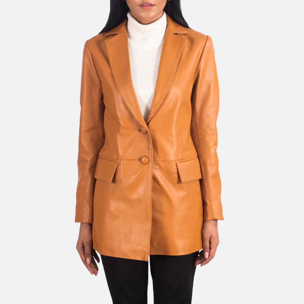 Marilyn Tan Brown Leather Blazer from Lush Gear worn by model with white turtleneck and black pants