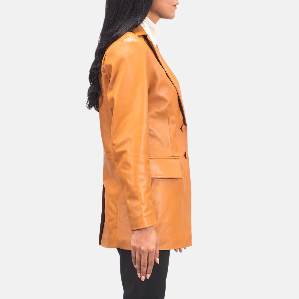 Side view of Marilyn Tan Brown Leather Blazer by Lush Gear on a model with long dark hair