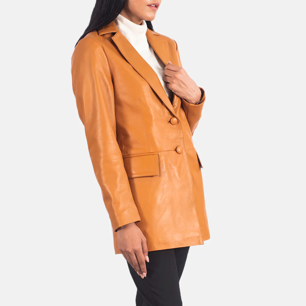Marilyn Tan Brown Leather Blazer by Lush Gear modeled with button closure and notch lapels