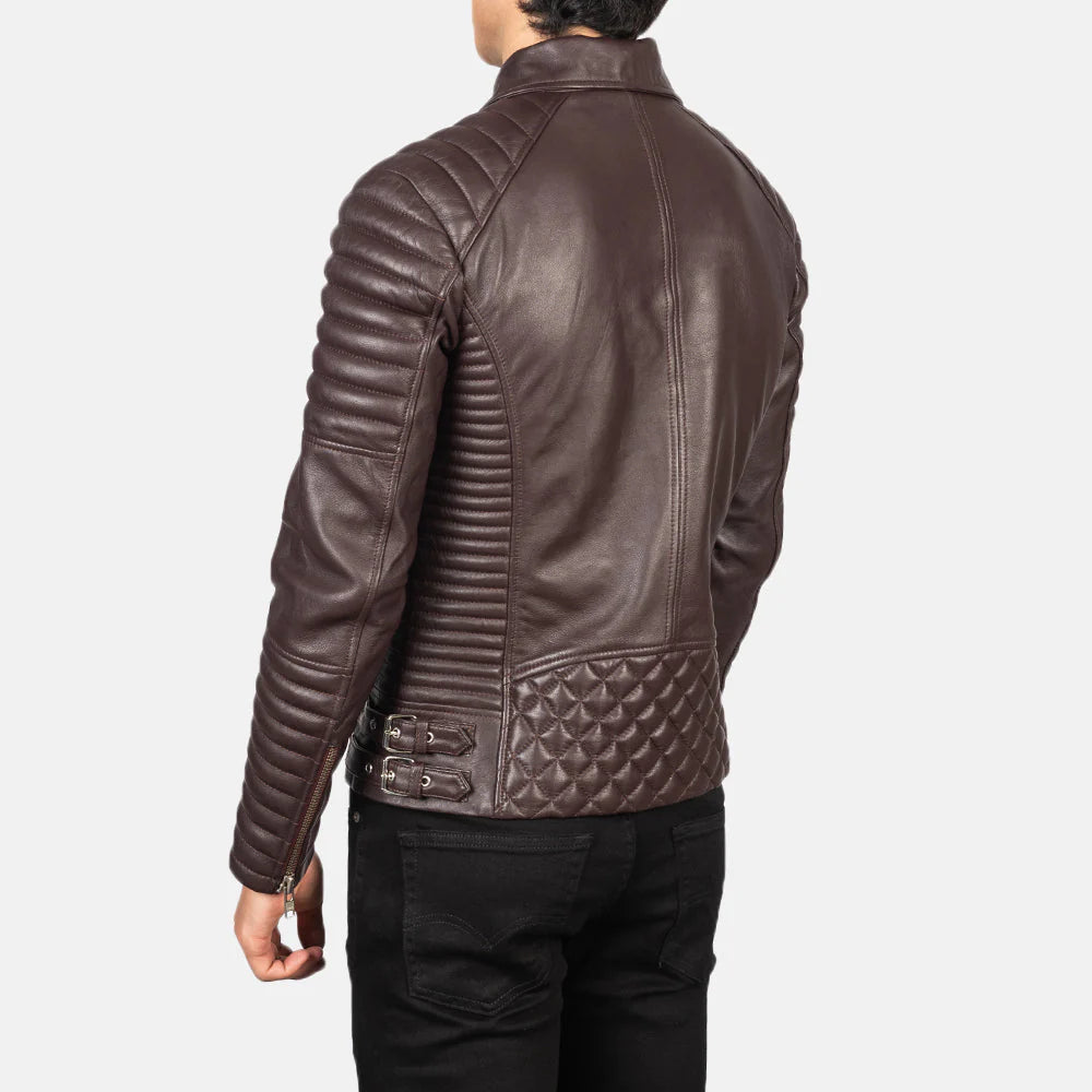 Back view of maroon leather biker jacket by Lush Gear with quilted and padded detailing