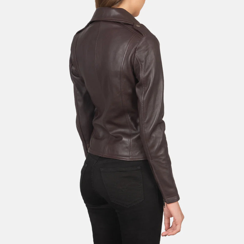 Lush Gear maroon leather biker jacket shown from the back on a woman wearing black pants