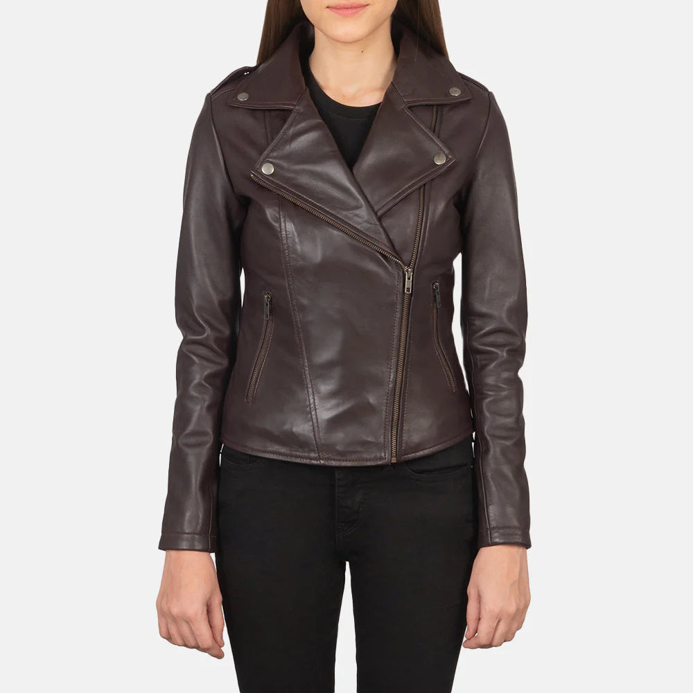 Lush Gear maroon leather biker jacket with asymmetrical zipper and zippered pockets on model