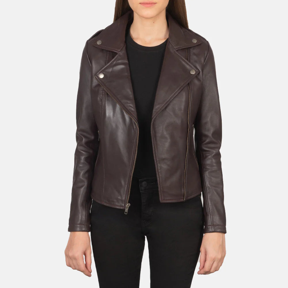 Lush Gear maroon leather biker jacket with zip closure and lapel collar on female model