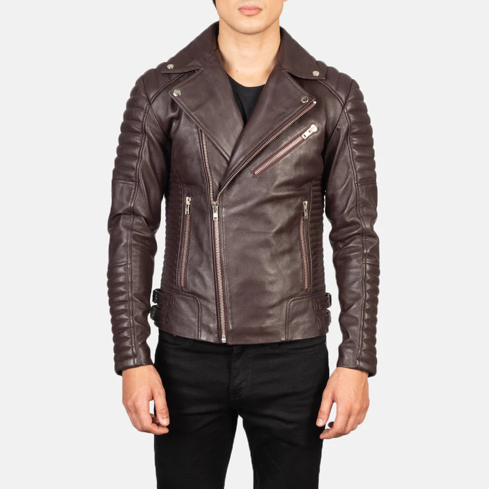 Lush Gear maroon leather biker jacket with quilted sleeves and asymmetrical zipper on male model