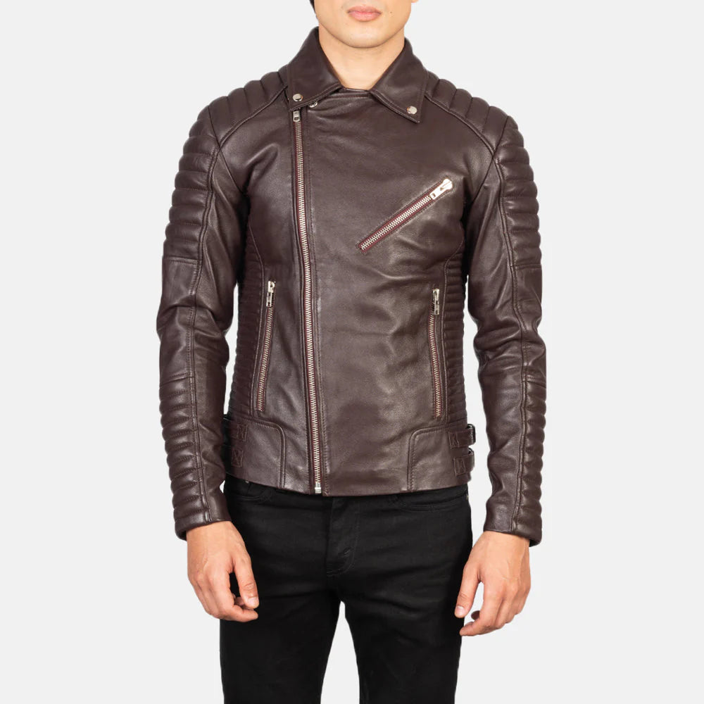 Maroon leather biker jacket by Lush Gear with quilted sleeves and asymmetrical zipper