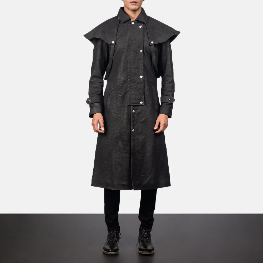 Maverick Black Leather Duster by Lush Gear modeled by man in black pants and boots on gray background