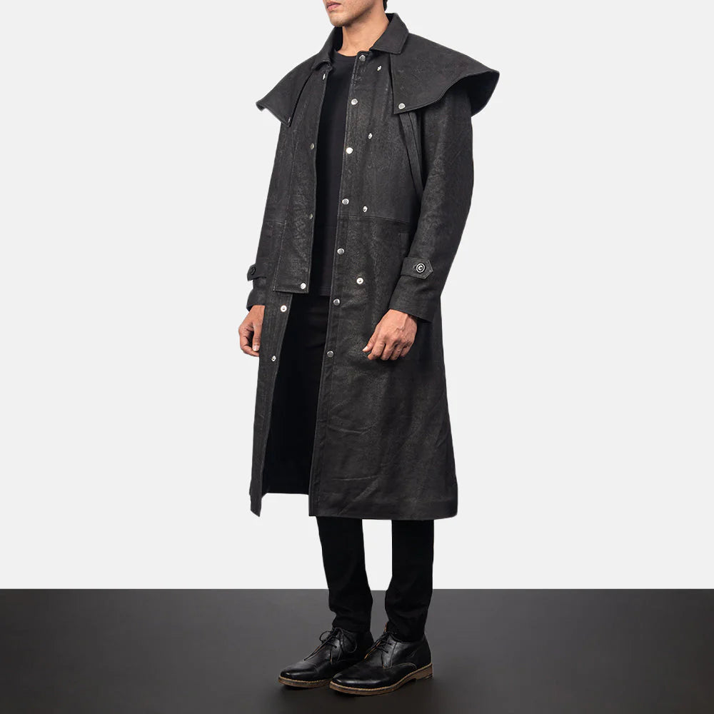 Lush Gear Maverick Black Leather Duster long coat with wide collar and button details