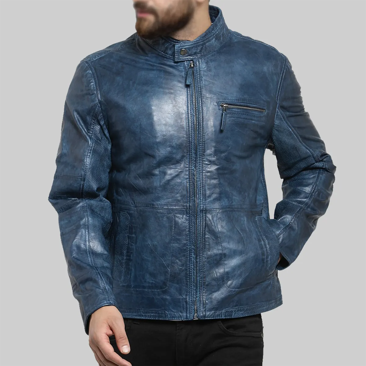 Lush Wear blue distressed leather biker jacket with zipper pockets and stand collar on model