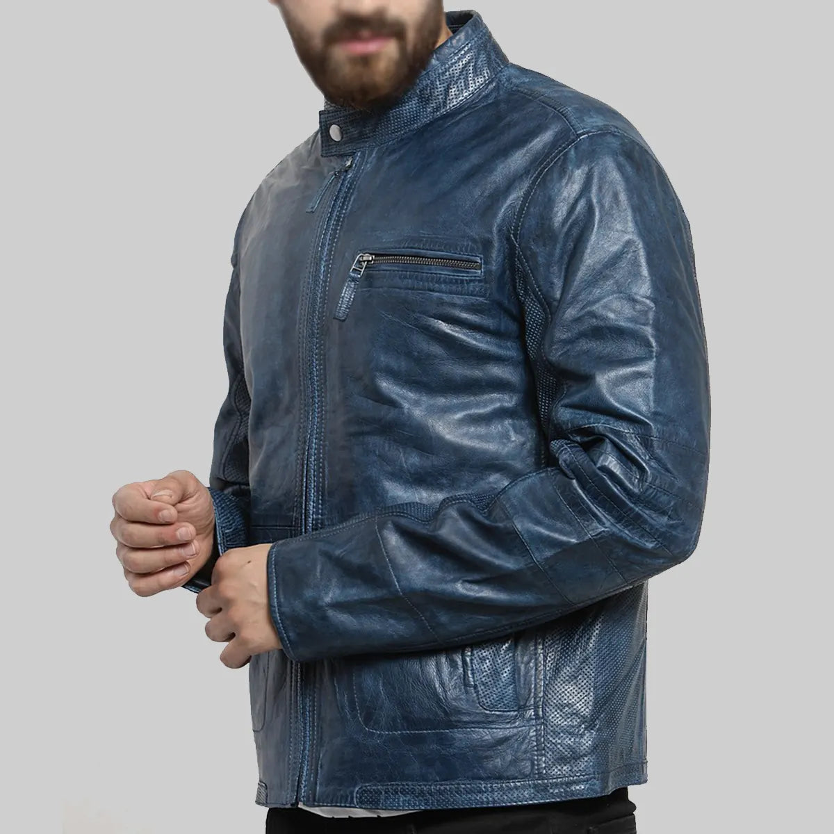 Lush Gear blue distressed leather biker jacket with zippered chest pocket and standing collar