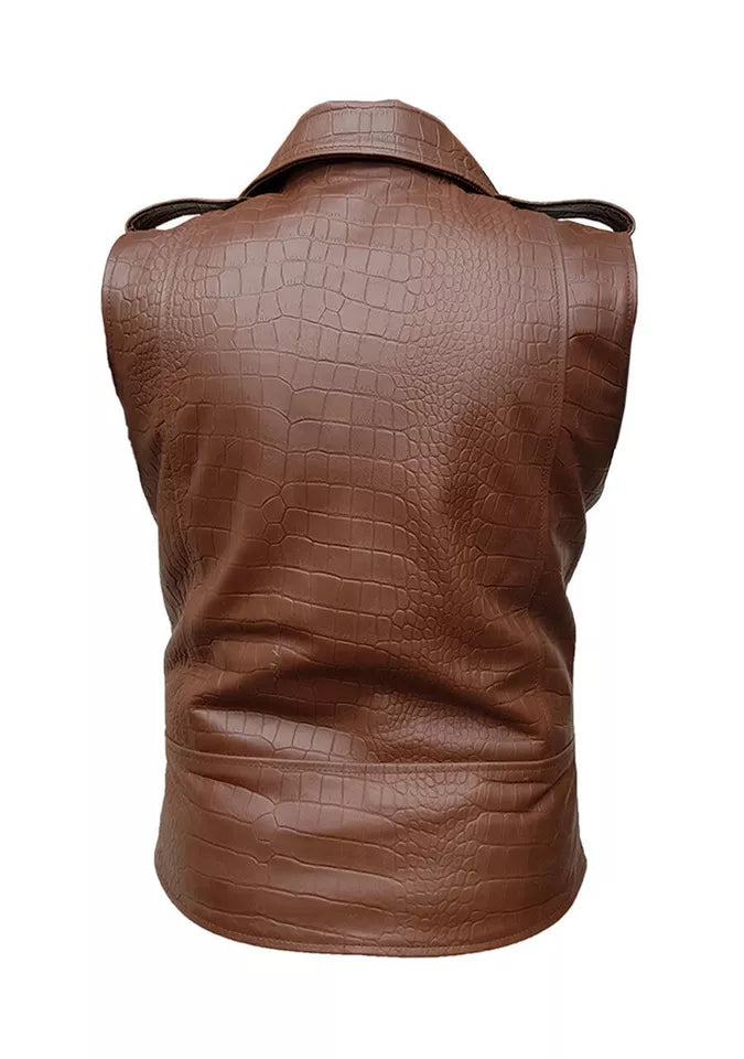 Men Brown Crocodile Leather Sleeveless Brando Style Bikers Vest Waistcoat Jacket back view by Lush Wear