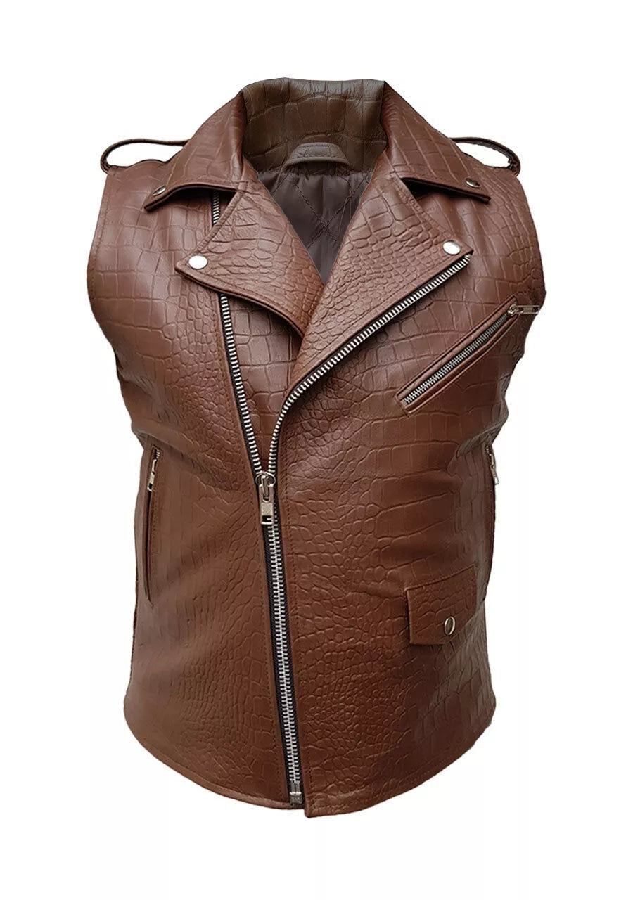 Men Brown Crocodile Leather Sleeveless Brando Style Bikers Vest Waistcoat Jacket with zipper and pocket details