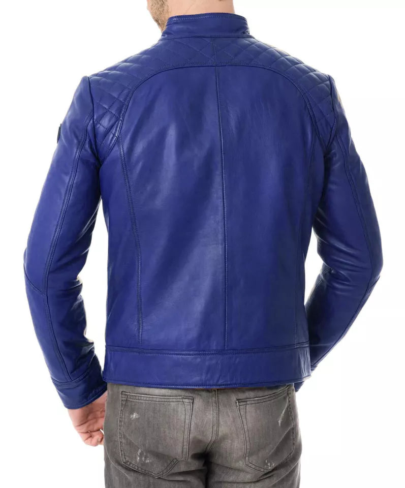 Back view of Men Club Retro Royal Blue Leather Jacket by Lush Gear on model wearing gray jeans