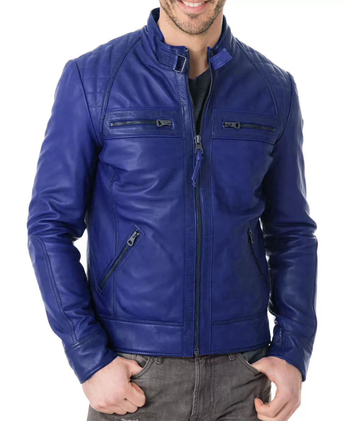 Men Club Retro Royal Blue Leather Jacket by Lush Gear with zipper pockets and stand collar