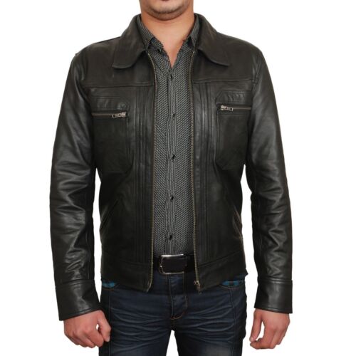 Men Designer Jacket Genuine Black Lambskin Leather by Lush Gear worn over patterned shirt