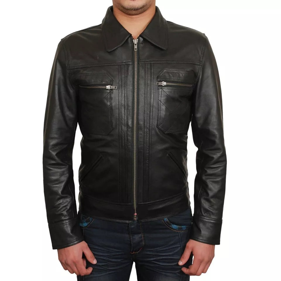 Men Designer Jacket Genuine Black Lambskin Leather by Lush Gear with zipper front and chest pockets