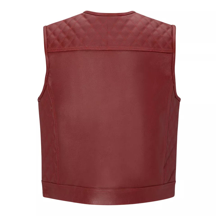 Men Diamond Stitch Real Leather Sleeveless Motorcycle Biker Best for Tall Rider red leather vest back view