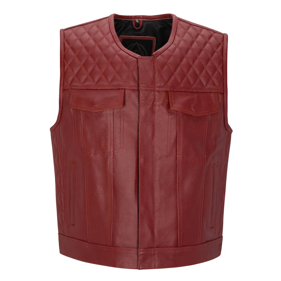 Men Diamond Stitch Real Leather Sleeveless Motorcycle Biker jacket in red best for tall rider