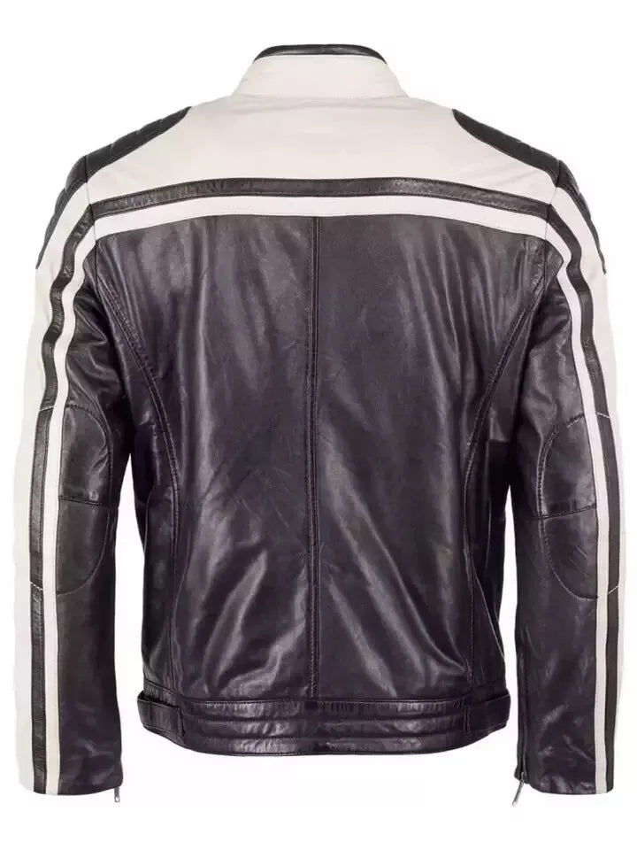 Men Elegant Real Lambskin Cream Leather Motorcycle Jacket in black and cream color with striped design