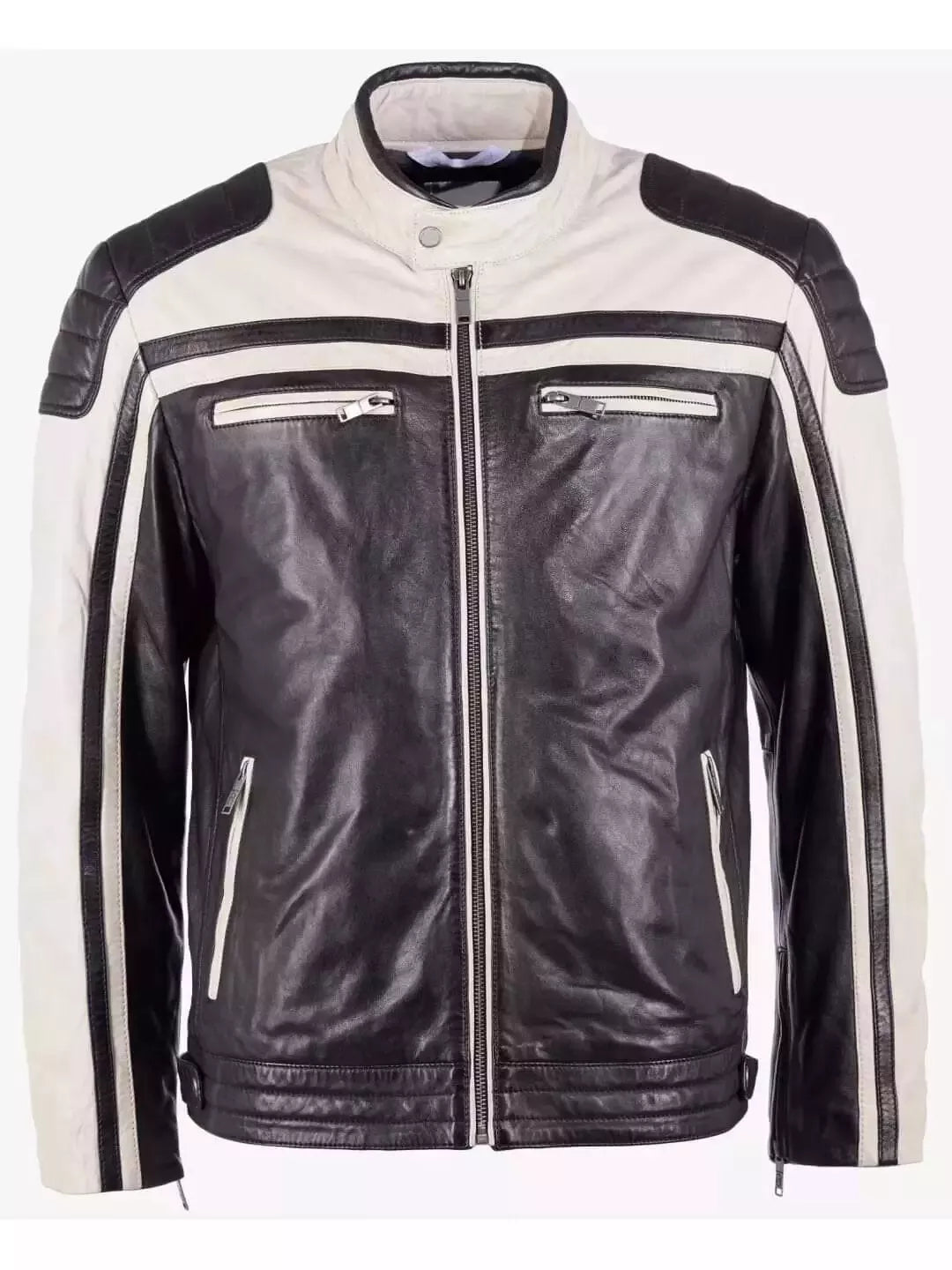Men Elegant Real Lambskin Cream Leather Motorcycle Jacket by Lush Gear with black and cream color design