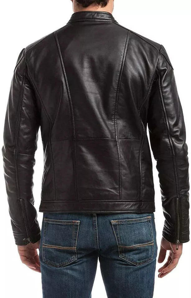 Men Genuine Leather Jacket by Lush Gear shown from the back in black with detailed stitching and zipper cuffs
