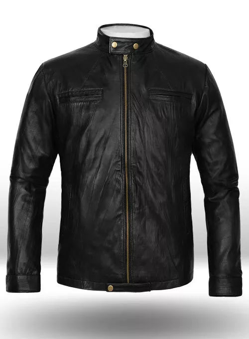 Men Slim Fit PU Leather Jacket M-7-Black by Lush Gear with zip front and snap collar