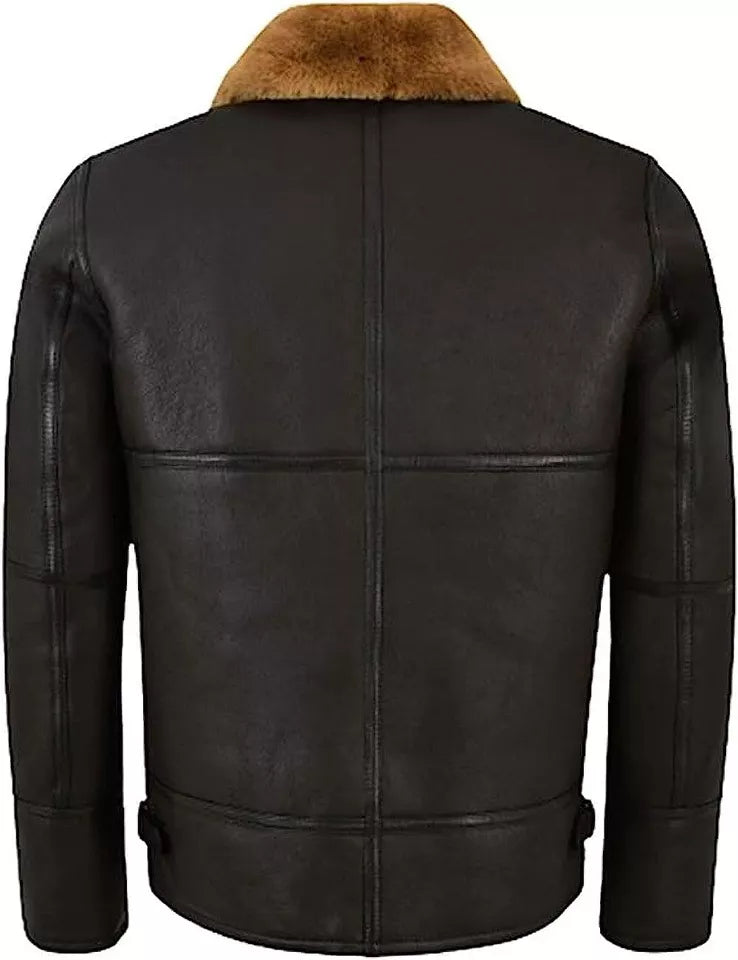 Lush Wear men's aviator shearling leather jacket in dark brown with tan shearling collar back view