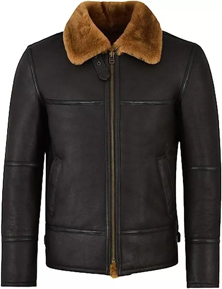 Men's aviator shearling leather jacket by Lush Wear with brown fur collar and black leather exterior