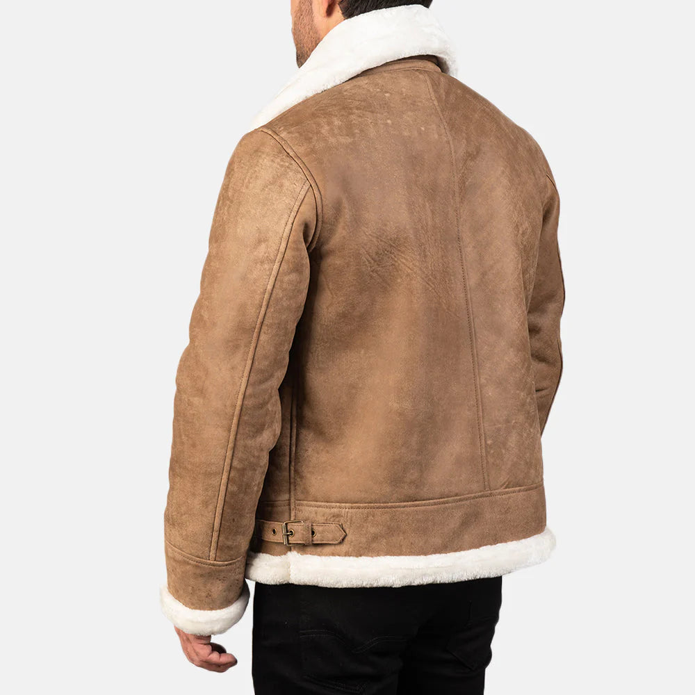 Back view of mens B3 shearling flight jacket by Lush Gear in brown with white shearling collar and cuffs