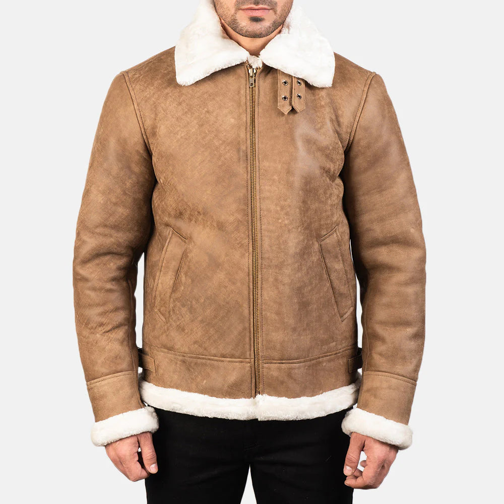 Lush Gear men's B-3 shearling flight jacket in brown with white fur collar and cuffs