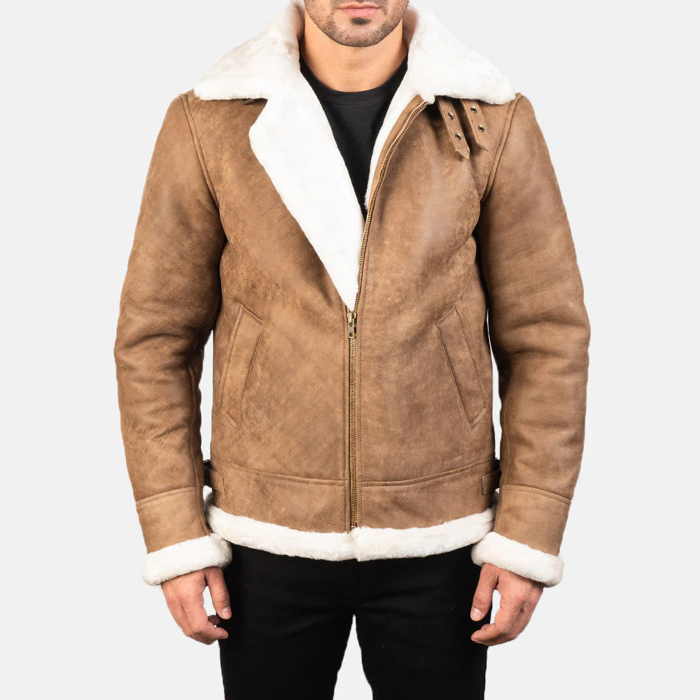 Lush Gear men's B-3 shearling flight jacket in brown with white shearling collar and cuffs