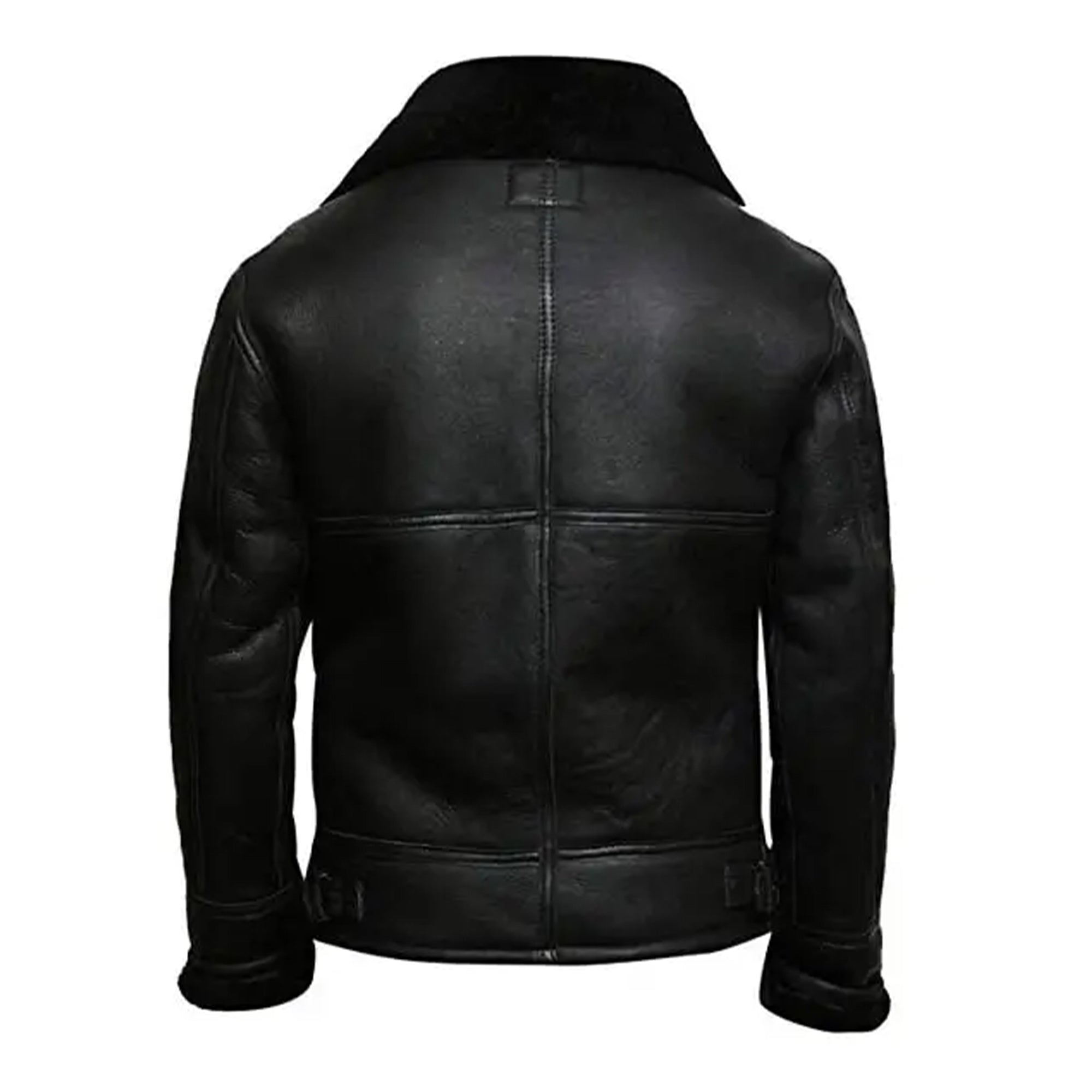 Back view of black men's B3 bomber jacket by Lush Gear with leather finish and shearling collar