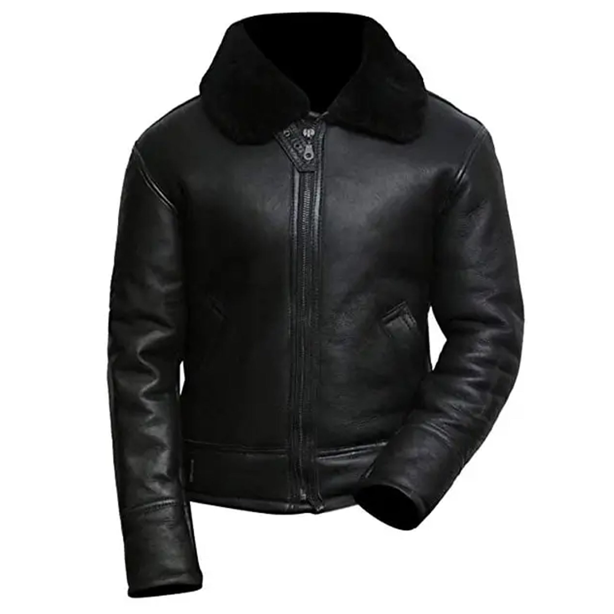 Lush Gear men's B3 bomber jacket in black leather with fur collar and front zipper