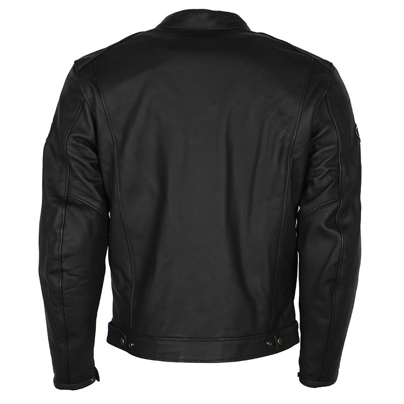 Back view of Lush Gear men's biker jacket in black leather with stitched detailing and adjustable waistband